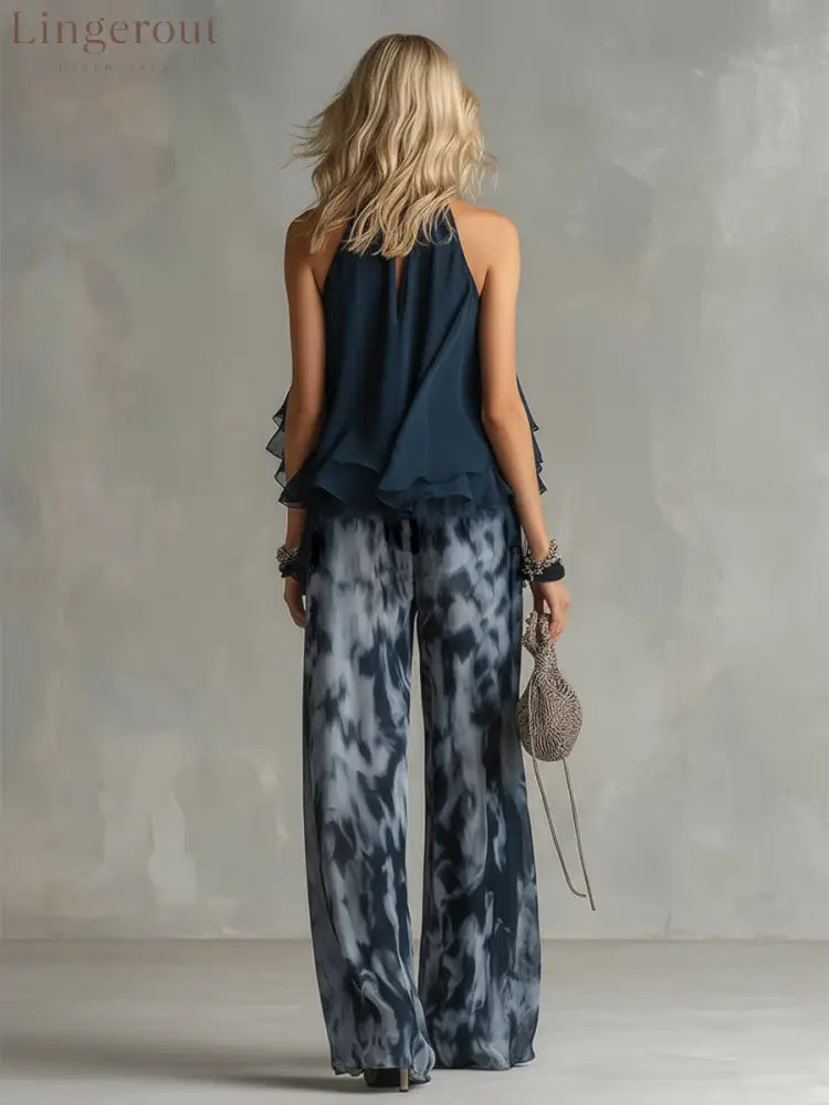 Elegant Urban Navy Blue Halter Neck Top And Printed Wide-leg Pants Chiffon Set