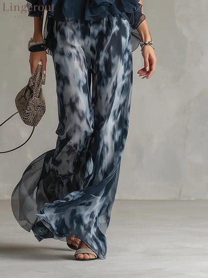 Elegant Urban Navy Blue Halter Neck Top And Printed Wide-leg Pants Chiffon Set