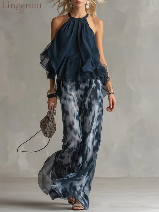 Elegant Urban Navy Blue Halter Neck Top And Printed Wide-leg Pants Chiffon Set - Navy Blue / XS