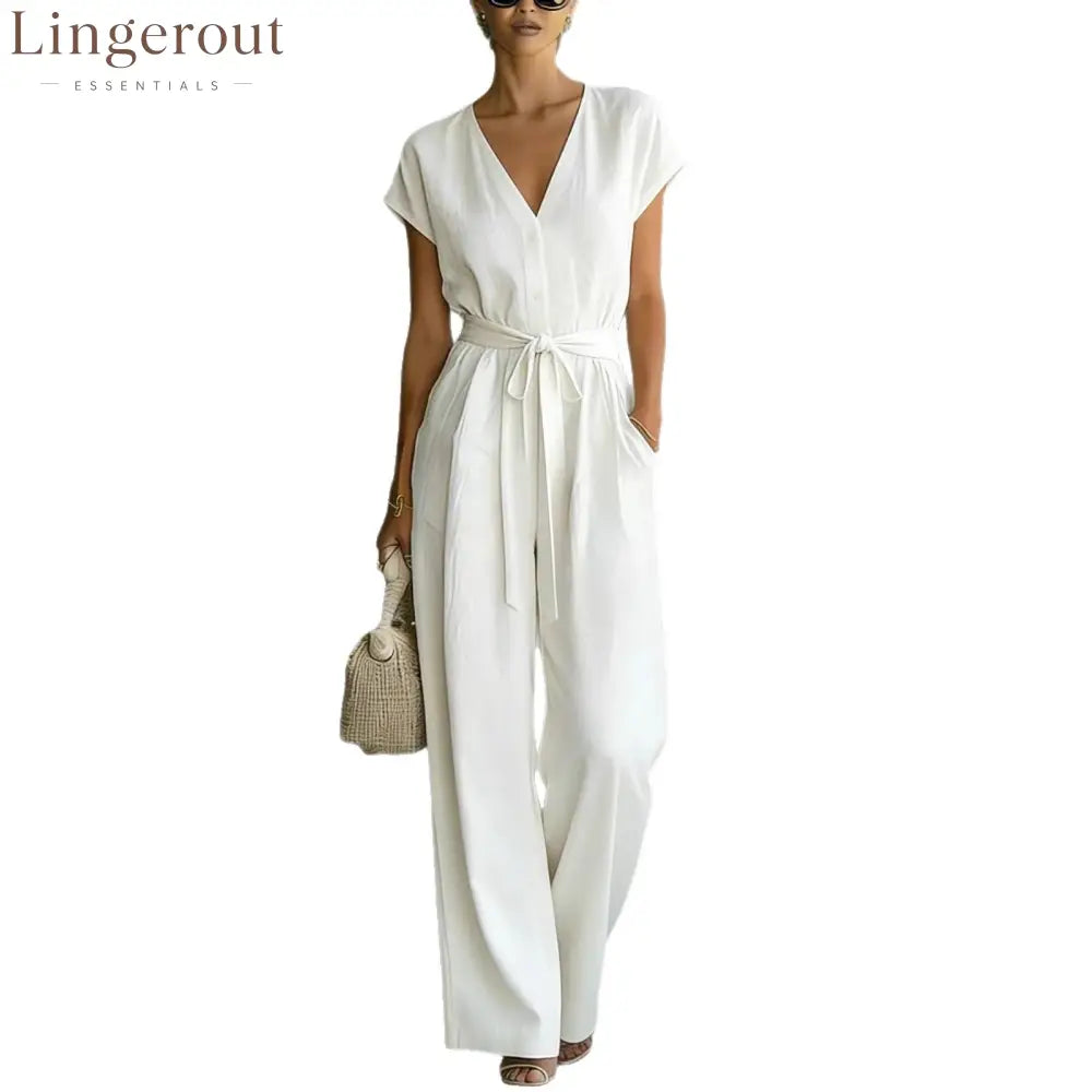 Elegant V-Neck Belted Jumpsuit for Women - Casual & Chic One-Piece Outfit for Everyday & Occasion Wear
