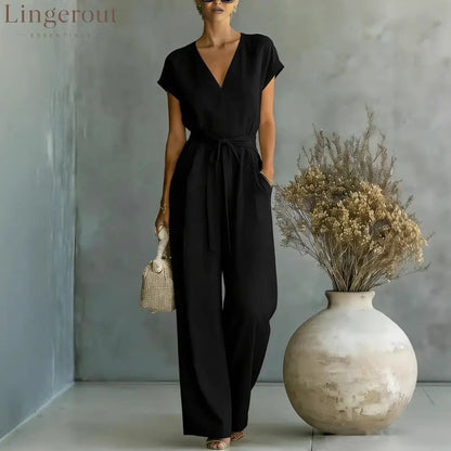 Elegant V-Neck Belted Jumpsuit for Women - Casual & Chic One-Piece Outfit for Everyday & Occasion Wear - Black / S