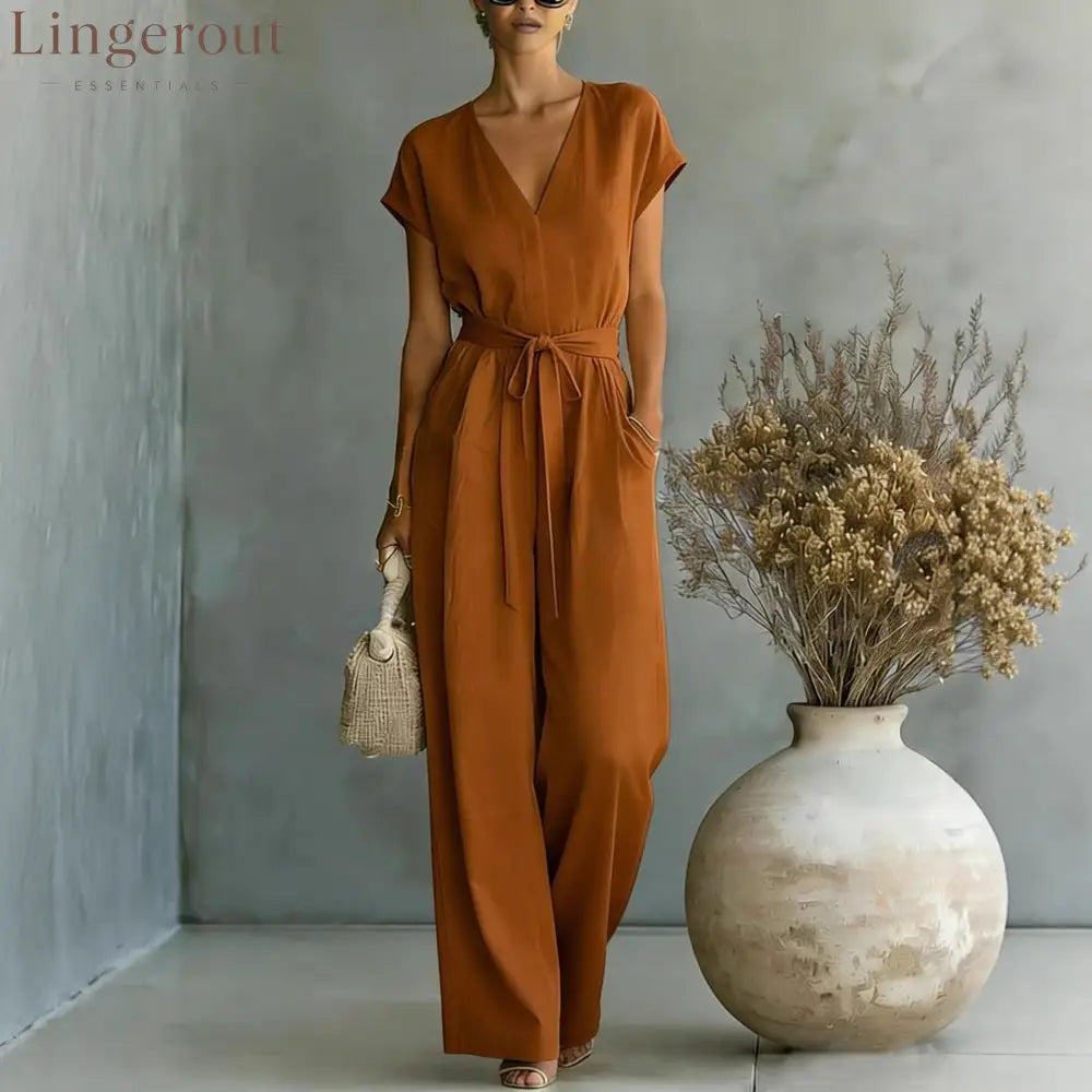 Elegant V-Neck Belted Jumpsuit for Women - Casual & Chic One-Piece Outfit for Everyday & Occasion Wear - Chocolate