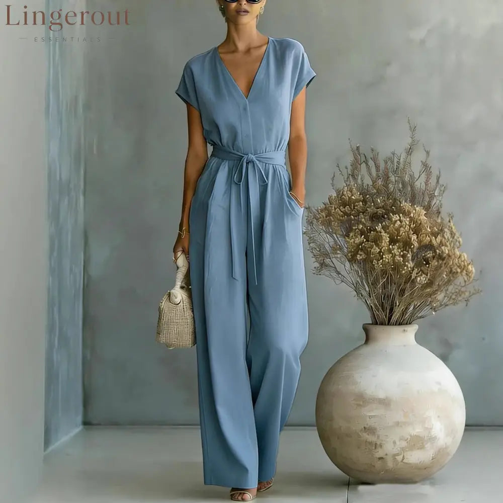 Elegant V-Neck Belted Jumpsuit for Women - Casual & Chic One-Piece Outfit for Everyday & Occasion Wear - Peacock blue