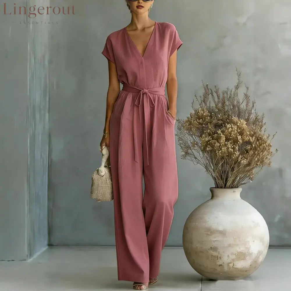 Elegant V-Neck Belted Jumpsuit for Women - Casual & Chic One-Piece Outfit for Everyday & Occasion Wear - Rouge color / S