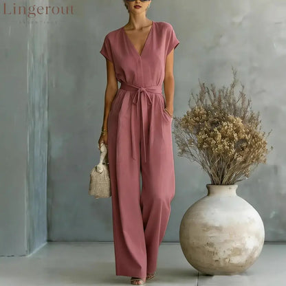 Elegant V-Neck Belted Jumpsuit for Women - Casual & Chic One-Piece Outfit for Everyday & Occasion Wear - Rouge color / S