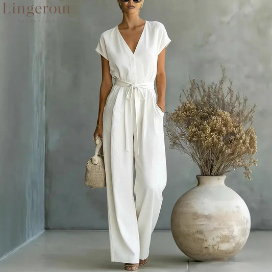 Elegant V-Neck Belted Jumpsuit for Women - Casual & Chic One-Piece Outfit for Everyday & Occasion Wear - White / S