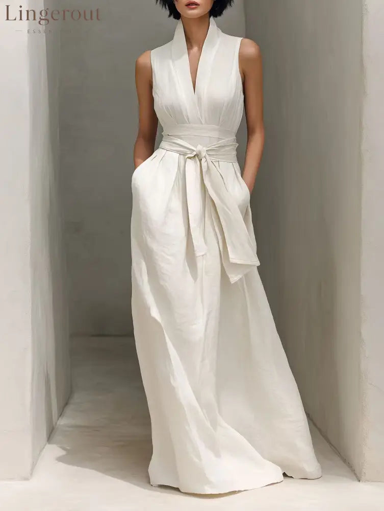 Elegant V‑Neck Belted Sleeveless Maxi Dress