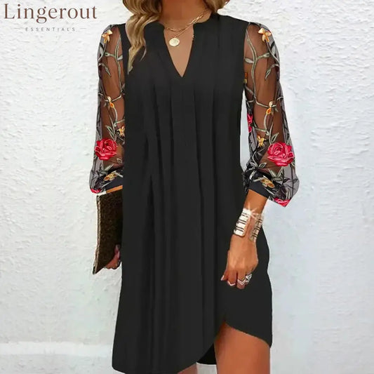 Elegant V-Neck Sheer Sleeve Mini Dress - Black / S