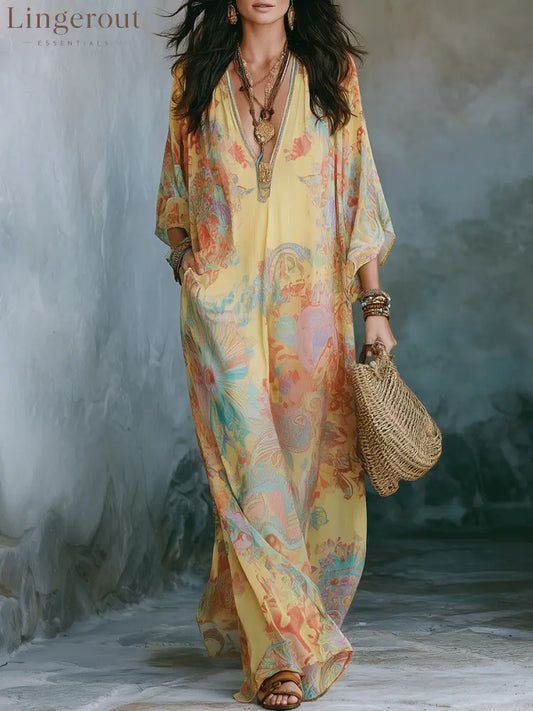 Elegant Vacation Golden Sunset Boho Oversized Caftan Maxi Dress - Yellow / XS