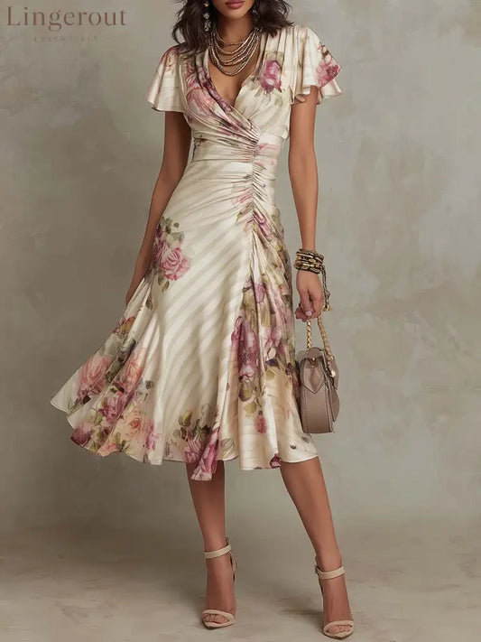 Elegant Vintage Floral Chiffon Midi Dress - cream / XS