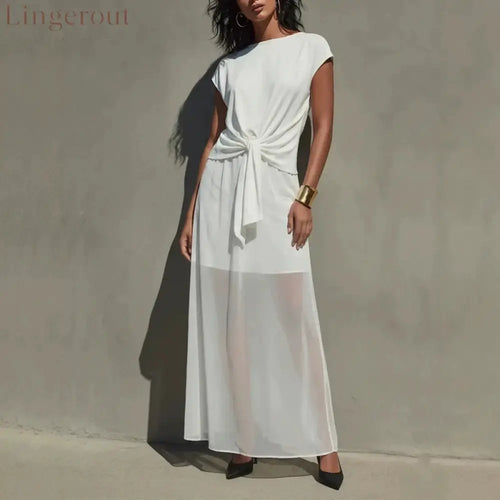 Elegant White Twist-Front Semi-Sheer Maxi Dress