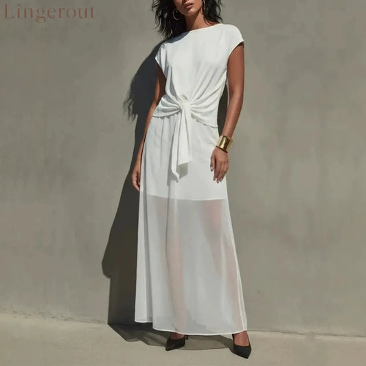 Elegant White Twist-Front Semi-Sheer Maxi Dress