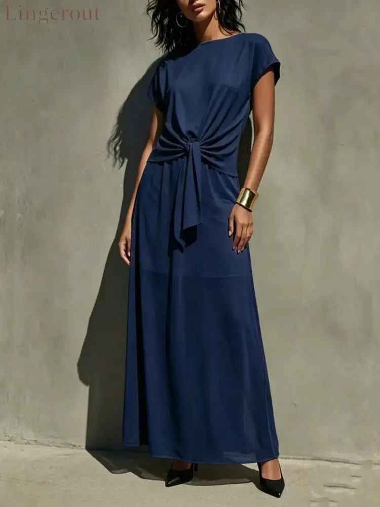 Elegant White Twist-Front Semi-Sheer Maxi Dress - Dark blue / S