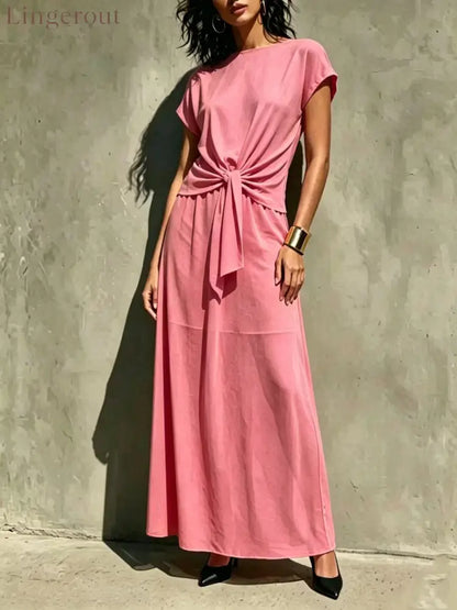Elegant White Twist-Front Semi-Sheer Maxi Dress - Pink / S