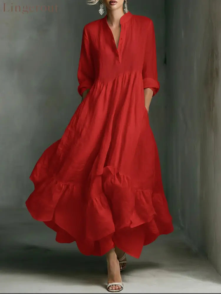 Elegant Women’s Printed Maxi Dress With Ruffle Details. - Red / S