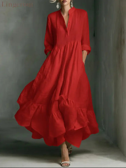 Elegant Women’s Printed Maxi Dress With Ruffle Details. - Red / S