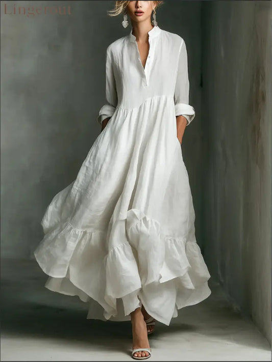 Elegant Women’s Printed Maxi Dress With Ruffle Details. - White / S