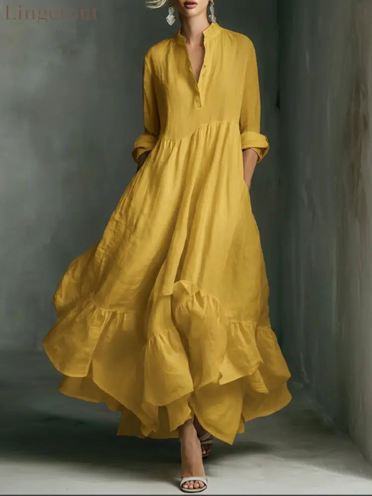 Elegant Women’s Printed Maxi Dress With Ruffle Details. - Yellow / S