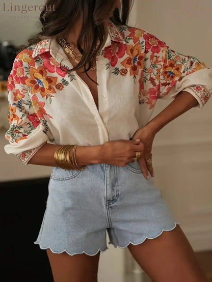 Embroidered Floral Button-Up Shirt - White / S