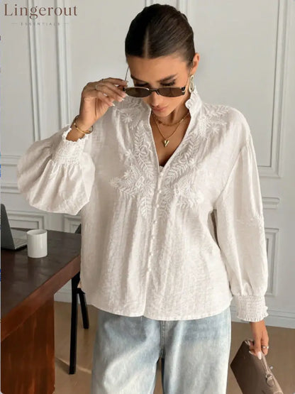 Embroidered Floral Mandarin Collar Blouse | Balloon Sleeve Button-Up Top