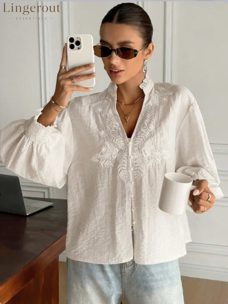 Embroidered Floral Mandarin Collar Blouse | Balloon Sleeve Button-Up Top