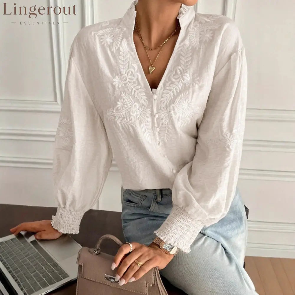 Embroidered Floral Mandarin Collar Blouse | Balloon Sleeve Button-Up Top