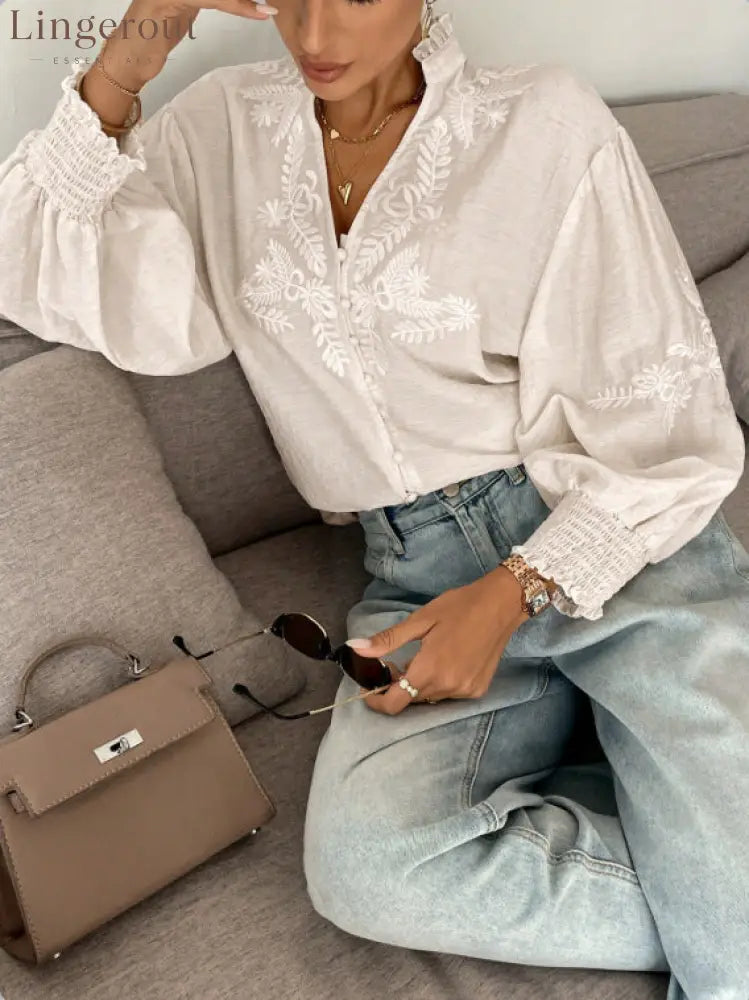 Embroidered Floral Mandarin Collar Blouse | Balloon Sleeve Button-Up Top