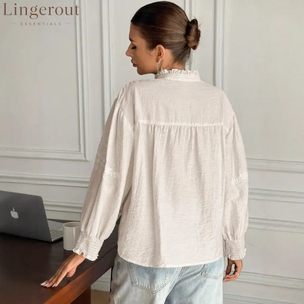 Embroidered Floral Mandarin Collar Blouse | Balloon Sleeve Button-Up Top