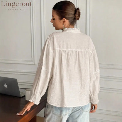 Embroidered Floral Mandarin Collar Blouse | Balloon Sleeve Button-Up Top