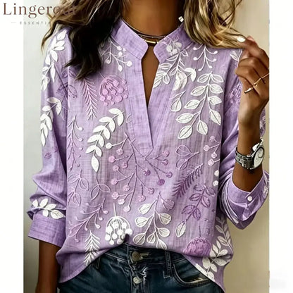 Embroidered Floral Split-Neck Blouse - Purple / S
