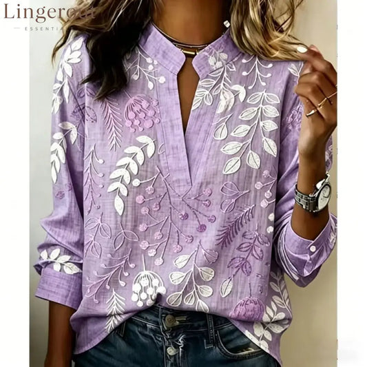 Embroidered Floral Split-Neck Blouse - Purple / S