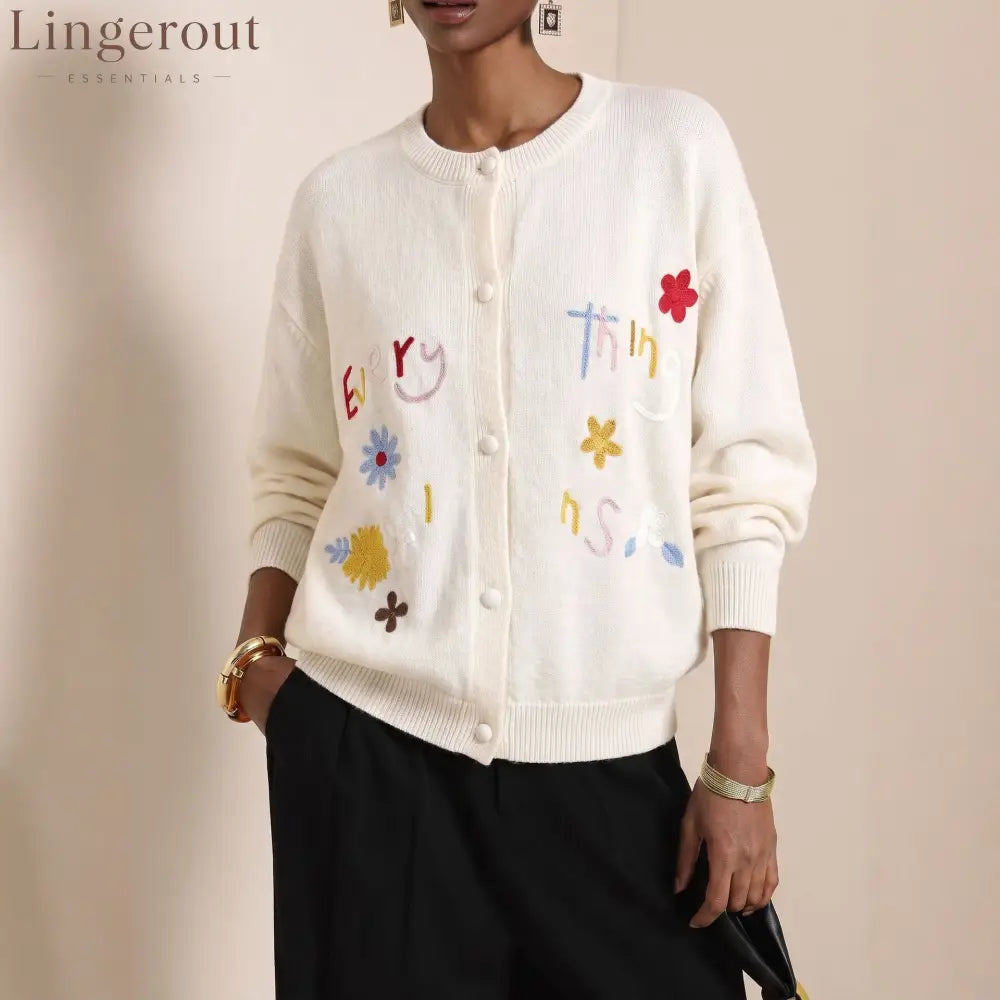 Embroidered Slogan Button Cardigan