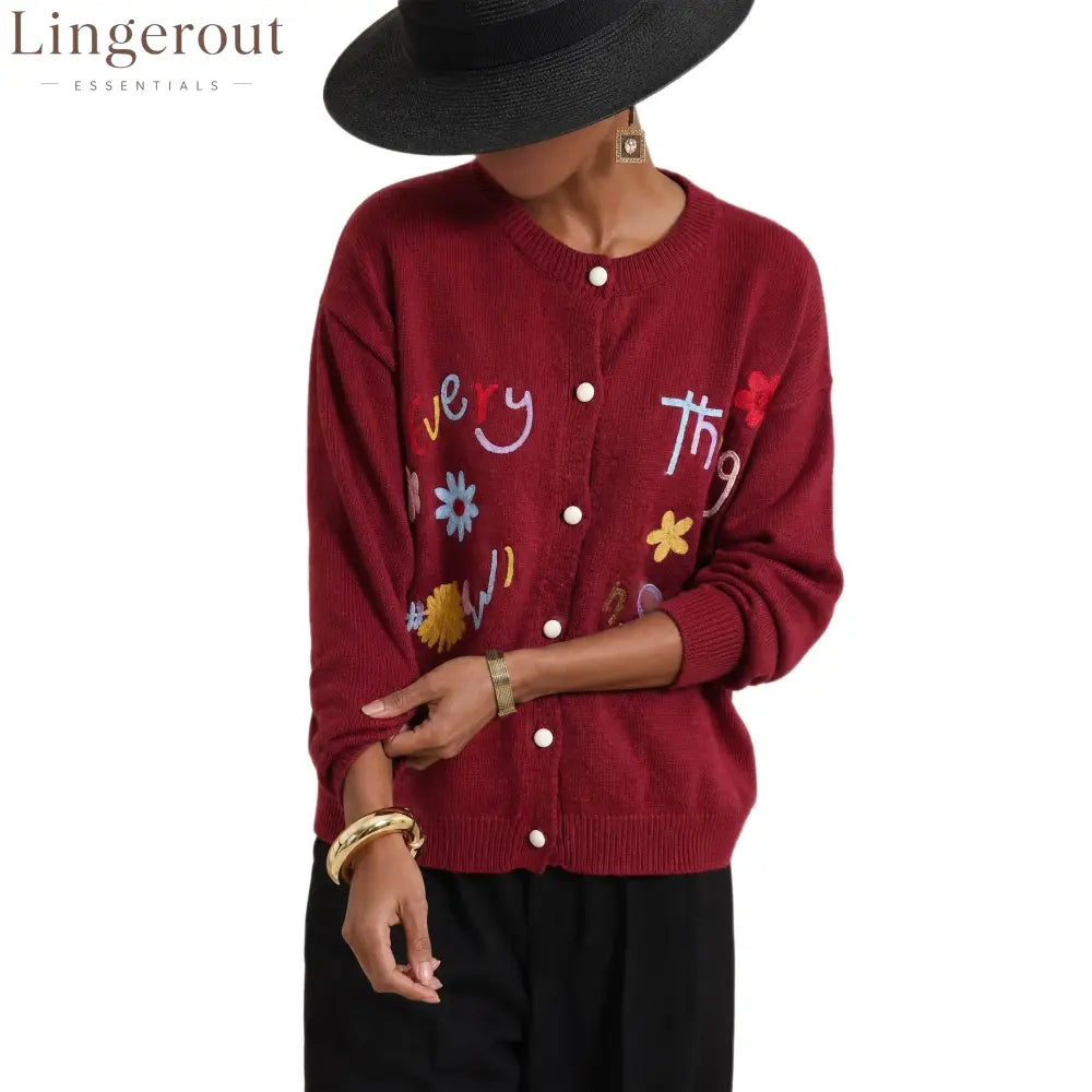 Embroidered Slogan Button Cardigan