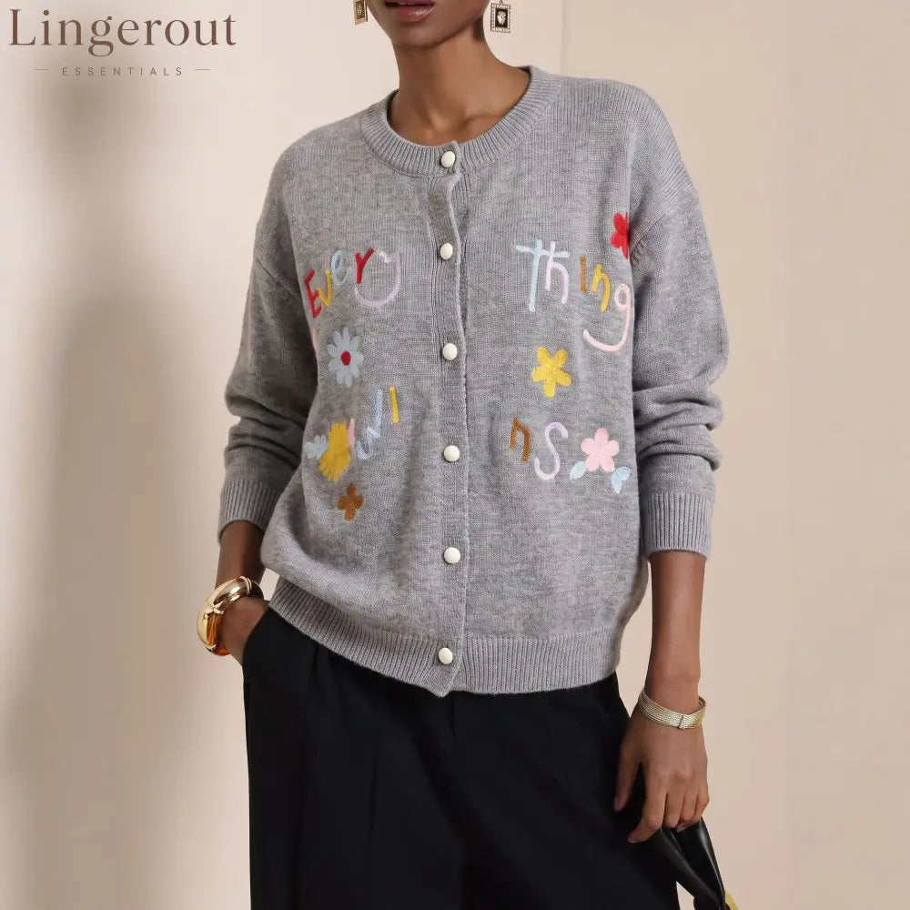 Embroidered Slogan Button Cardigan