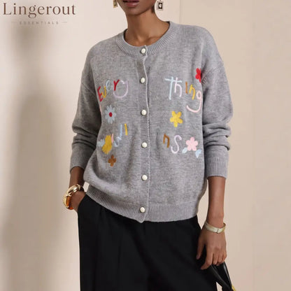 Embroidered Slogan Button Cardigan
