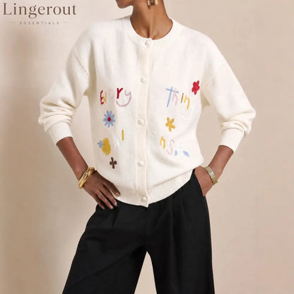 Embroidered Slogan Button Cardigan
