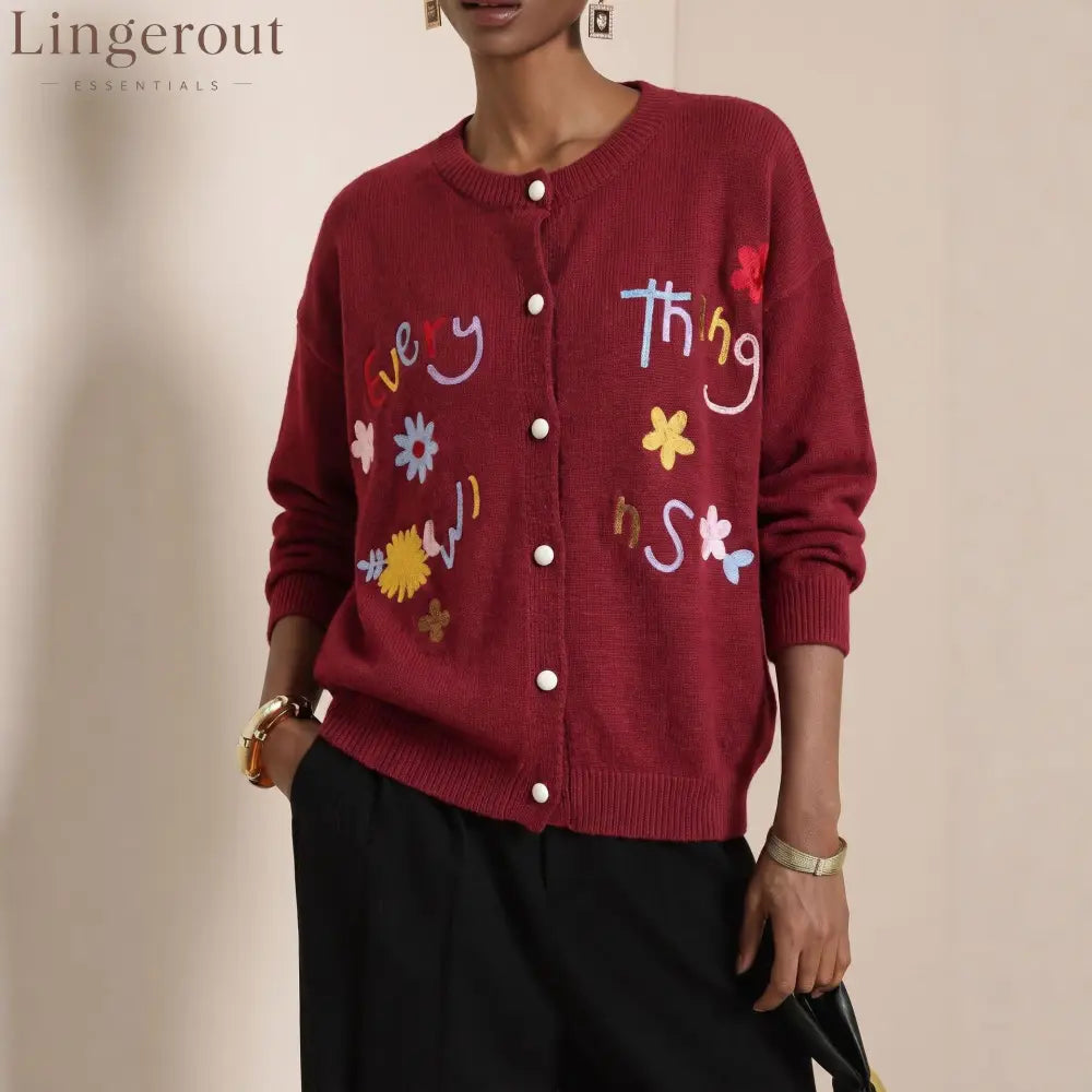 Embroidered Slogan Button Cardigan