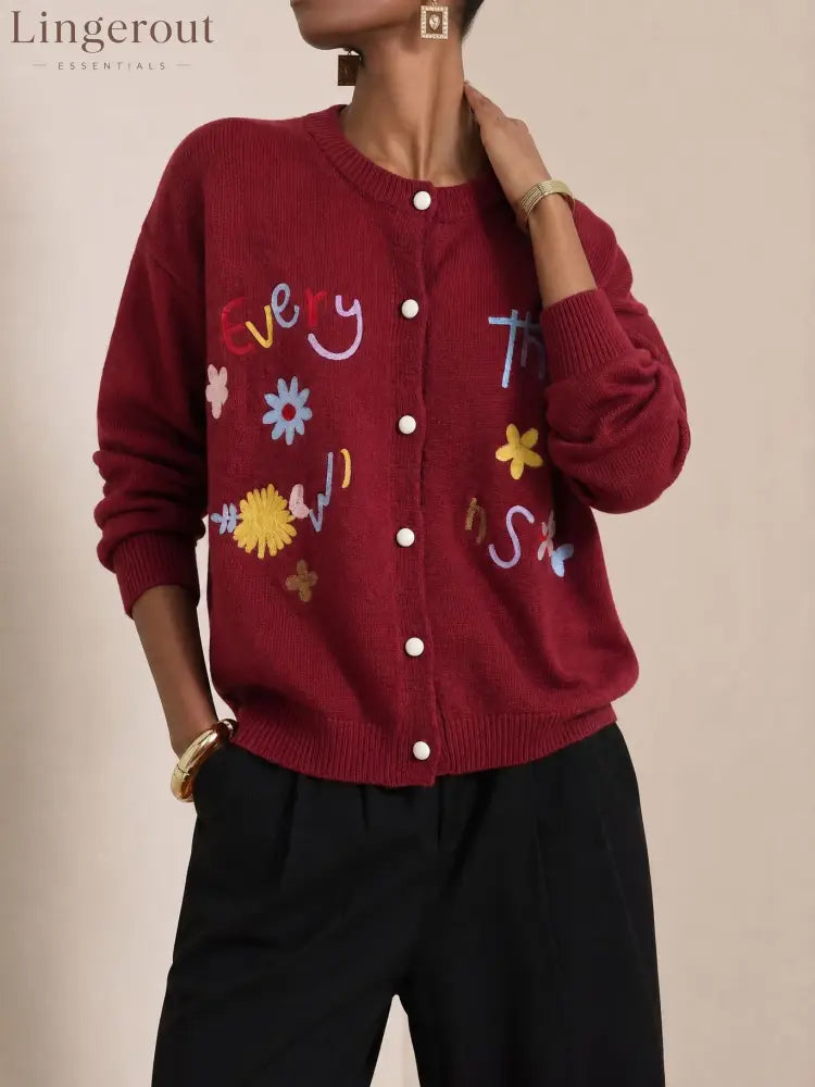 Embroidered Slogan Button Cardigan - Burgundy / S