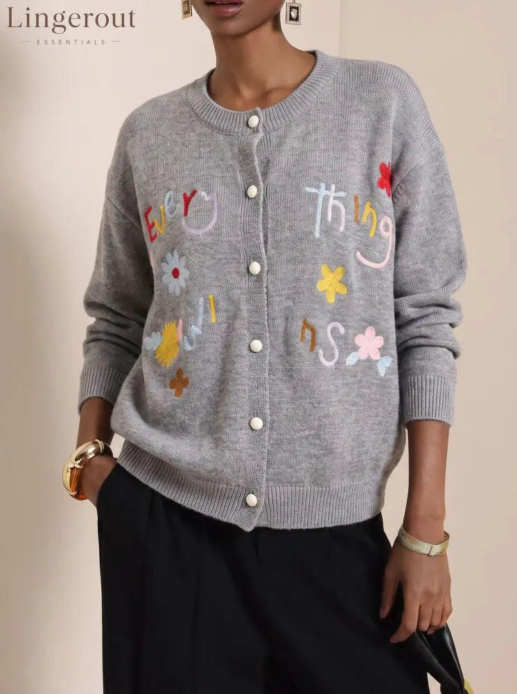 Embroidered Slogan Button Cardigan - Grey / S