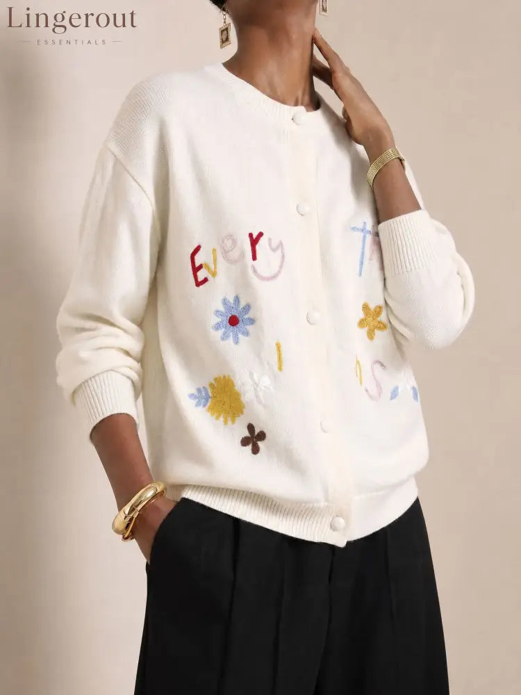 Embroidered Slogan Button Cardigan - White / S