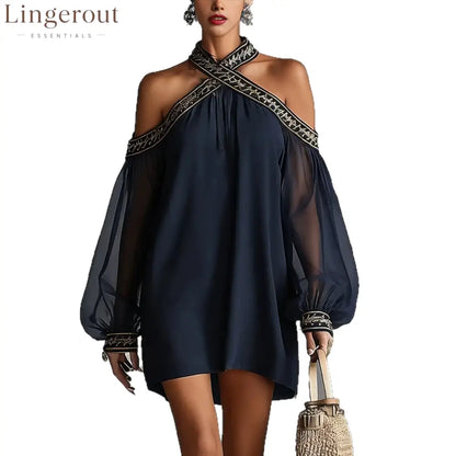 Embroidered Trim Sheer Long Sleeve Loose Tunic Dress