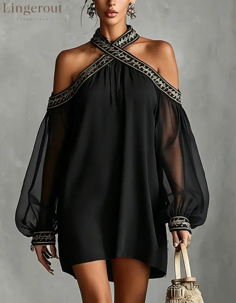 Embroidered Trim Sheer Long Sleeve Loose Tunic Dress - Black / S