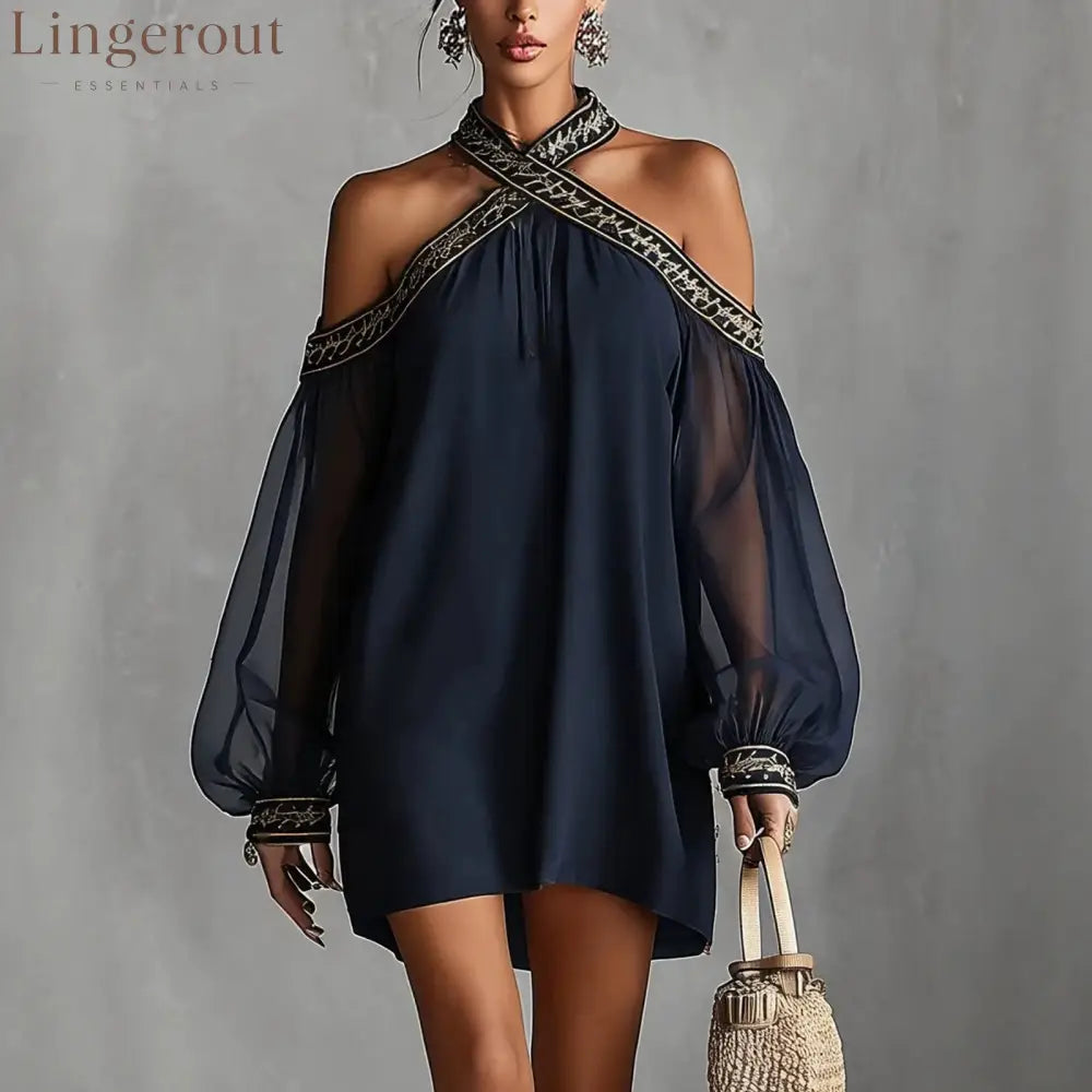 Embroidered Trim Sheer Long Sleeve Loose Tunic Dress - Navy blue / S