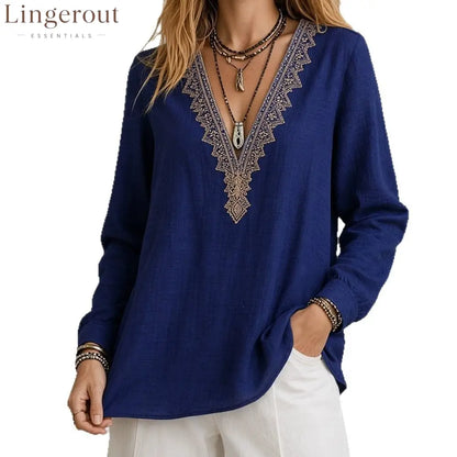 Embroidered V-Neck Blouse – Soft Textured Long Sleeve Top