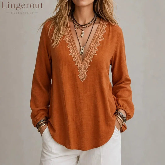 Embroidered V-Neck Blouse – Soft Textured Long Sleeve Top