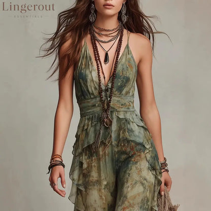 Ethereal Sage Watercolor Ruffled Dress