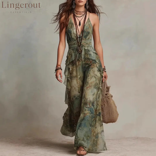 Ethereal Sage Watercolor Ruffled Dress - Olive green / S