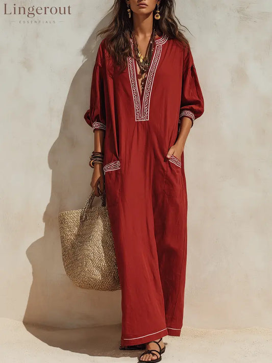 Ethnic Resort Linen Contrast-Trim Pocket Loose Brick Red Peasant Maxi Dress - Long Sleeve Maxi Dress