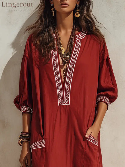 Ethnic Resort Linen Contrast-Trim Pocket Loose Brick Red Peasant Maxi Dress - Long Sleeve Maxi Dress