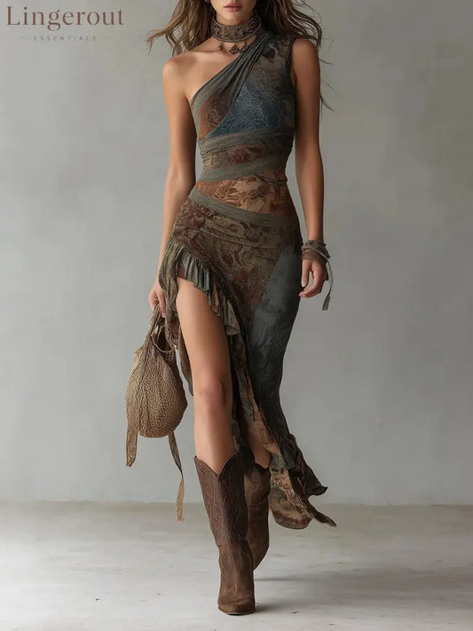 Ethnic-Style Printed One-Shoulder Maxi Dress with High Slit - Grey / XS(2)